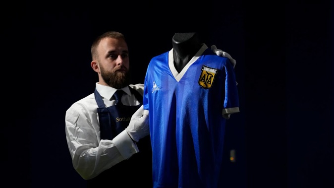 The Argentina football shirt worn by Diego Maradona in the 1986 Mexico World Cup quarterfinal. (Photo / AP)
