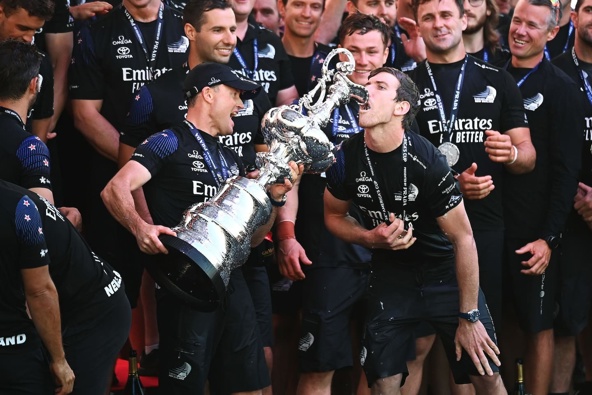 Peter Burling drinks from the America's Cup after Emirates Team New Zealand's defence in Auckland. Photo / Andrew Cornaga, Photosport