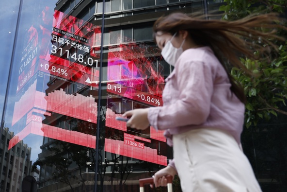 An electronic stock board showing the Nikkei 225 Stock Average figure displayed inside the Kabuto One building in Tokyo, Japan. Photo/Getty