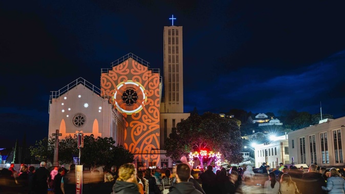St John's Cathedral in Napier lit up with art during Nuit Blanche 2024. Photo / Kirsten Simcox