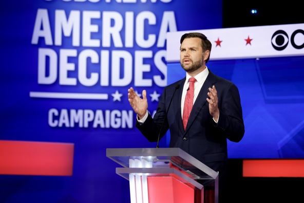 Republican vice presidential candidate, Sen. JD Vance (R-OH) speaks during a debate at the CBS Broadcast Center on October 1, 2024 in New York City. This is expected to be the only vice presidential debate of the 2024 general election. (Photo by Chip Somodevilla/Getty Images)