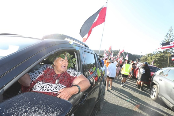 Mere Simmons from Kaitāia leading the hīkoi to Waitangi. Photo / Michael Cunningham