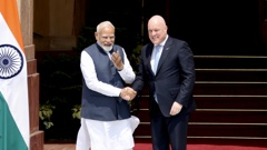 Prime Minister of India Narendra Modi welcomes Prime Minister of New Zealand Christopher Luxon at at Hyderabad House. Photo / RNZ / Marika Khabazi.