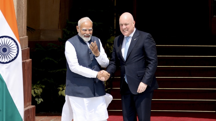 Prime Minister of India Narendra Modi welcomes Prime Minister of New Zealand Christopher Luxon at at Hyderabad House. Photo / RNZ / Marika Khabazi.
