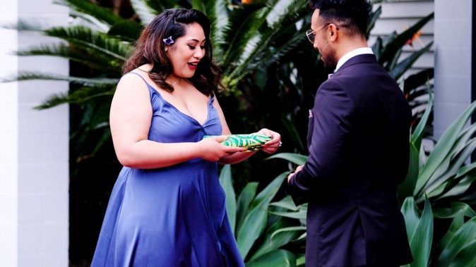 Louise Kuresa with Moses Mackay in The Bachelor NZ. (Photo / TVNZ)