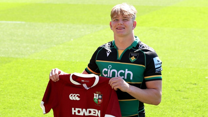 Henry Pollock of Northampton Saints poses for a portrait with his British & Irish Lions shirt at the cinch Stadium at Franklin's Gardens on May 09, 2025 in Northampton, England. (Photo by David Rogers/Getty Images)