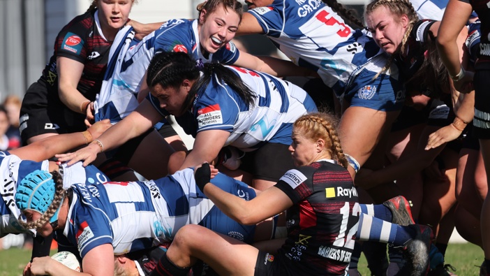 Eloise Blackwell of Auckland drives through the maul to score during the Farah Palmer Cup Premiership Final match between Canterbury and Auckland at Rugby Park, on September 09, 2023, in Christchurch, New Zealand. (Photo by Jackson Meecham/Getty Images)