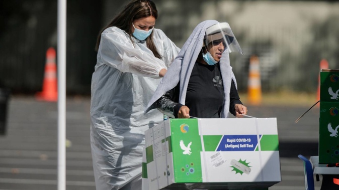 Rapid Antigen Test kits for distribution at an Auckland centre. Photo / Alex Burton