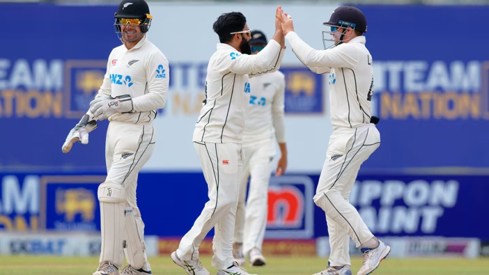 The Black Caps celebrate a wicket for Ajaz Patel against Sri Lanka. Photo / Sri Lanka Cricket