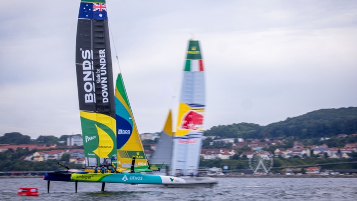The international Sail GP racing series will hold its first races in Germany on 16 and 17 August 2025 off the island of Rügen. Photo: Jens Büttner/dpa (Photo by Jens Büttner/picture alliance via Getty Images)