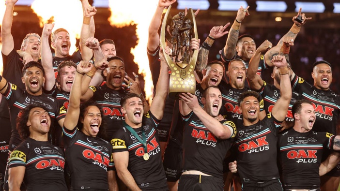 Nathan Cleary and Isaah Yeo of the Panthers hold aloft the Provan-Summons Trophy after winning the 2023 NRL Grand Final. Photo / Getty Images