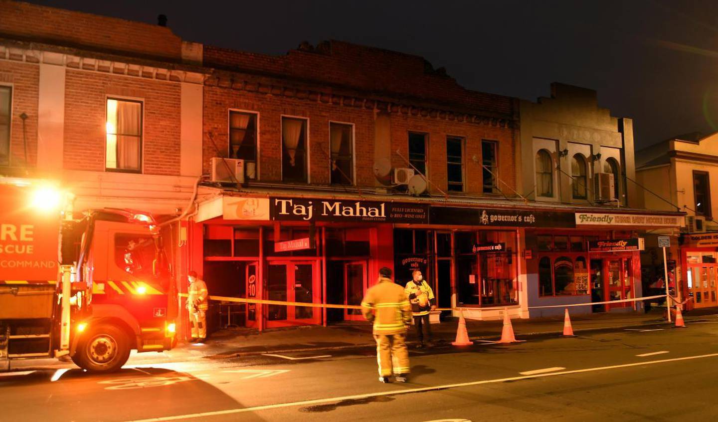Firefighters attend the blaze win the Taj Mahal restaurant. (Photo / Stephen Jaquiery)