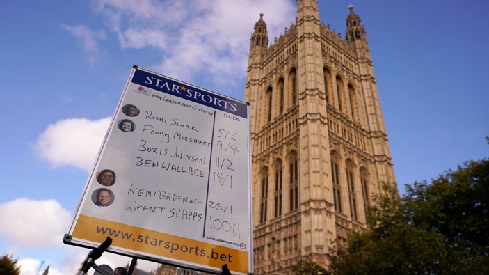 A bookmakers board shows the odds for the next British Prime Minister after Liz Truss resigned in London, Thursday, Oct. 20, 2022. (Photo / AP)