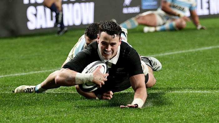 Will Jordan of New Zealand scores a first half try during The Rugby Championship match between New Zealand All Blacks and Argentina at Eden Park on August 17, 2024 in Auckland, New Zealand. (Photo by Dave Rowland/Getty Images)
