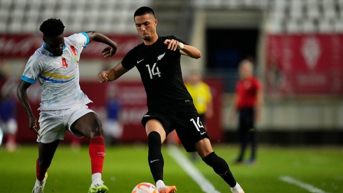 Joe Champness playing for the All Whites against the Democratic Republic of Congo in a 2023 match. Photo / Photosport