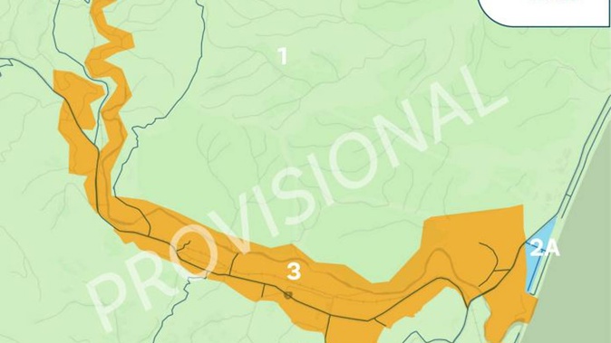 The provisional zoning for Esk Valley, north of Napier, which was hit hard in the cyclone. Much of the area has been determined unfit to live on in the future, but that could change following further consultation. Photo / Supplied