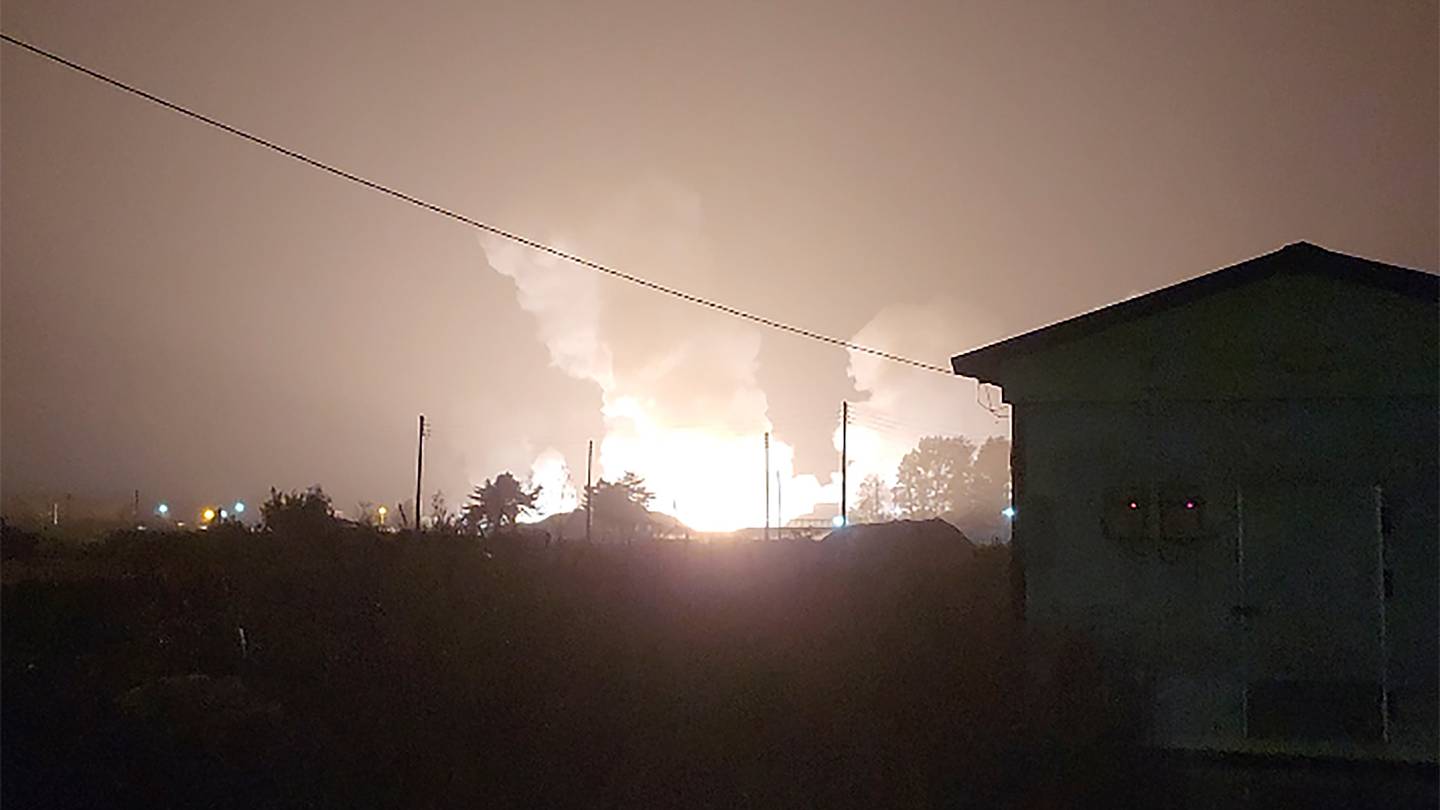 Flames and smoke rise from a military airbase in Gangnueng, South Korea, after a failed missile launch. Photo / Kim Hee Soo via AP