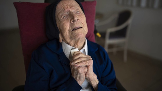Sister Andre poses for a portrait at the Sainte Catherine Laboure care home in Toulon, southern France, in April last year. Photo / AP
