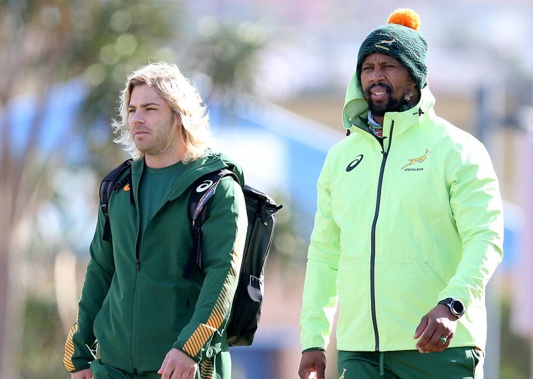 Faf de Klerk (left) and Springboks assistant coach Mzwandile Stick during training for the Rugby Championship. Photo / Getty Images