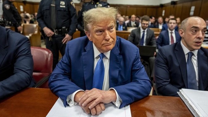 Former President Donald Trump sits in Manhattan Criminal Court in New York, Monday, May 20 2024. (Mark Peterson/Pool Photo via AP)