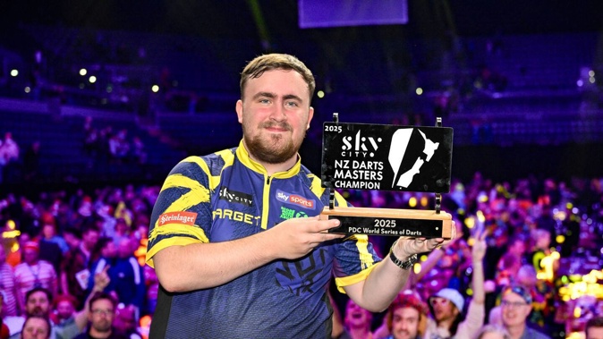 Luke Littler celebrates winning the New Zealand Darts Masters. Photo / Photosport