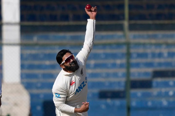 New Zealand's Ajaz Patel bowls against Pakistan. Photo / AP