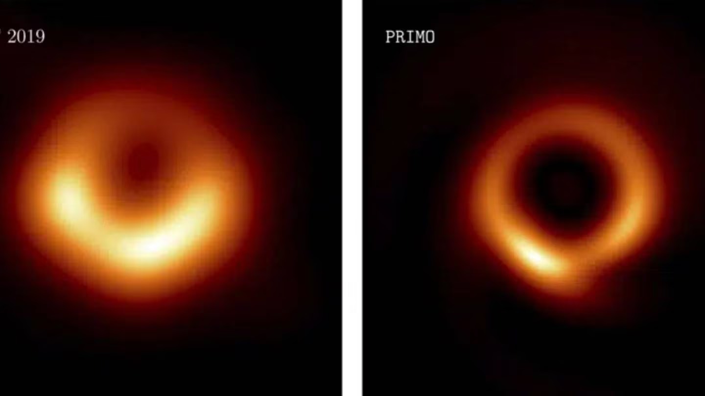 A combination of images provided by researcher Lia Medeiros shows the image of the M87 black hole released in 2019 (left) and the updated one for 2023. Photo / AP