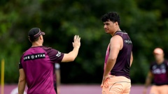 Ben Te Kura (right) will become the NRL's tallest player when he makes his Brisbane Broncos debut on Thursday. Photo / Getty Images