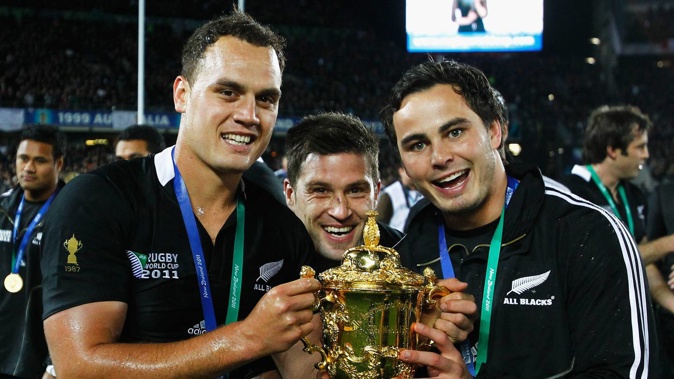 Zac Guildford, right, celebrates with Israel Dagg and Cory Jane after winning the 2011 Rugby World Cup. Photo / Getty