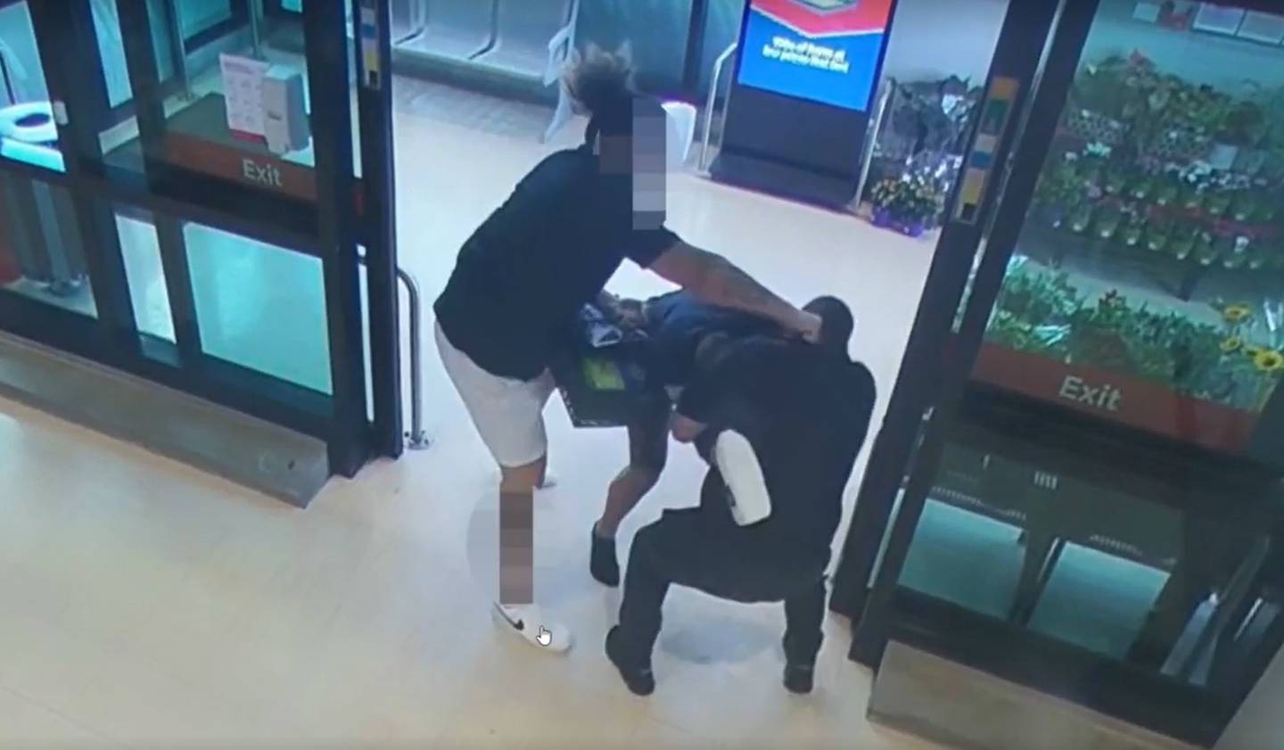 Foodstuffs says crime has surged at North Island stores and here an alleged shoplifter is seen assaulting a security guard. Photo / Supplied