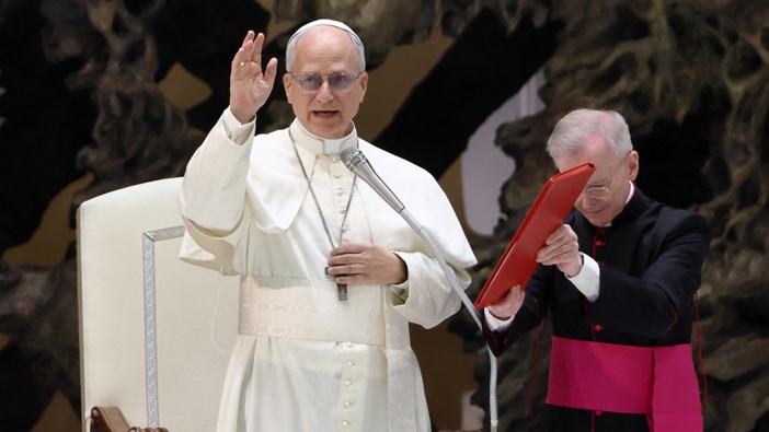 Pope Leo XIV attends an audience to media representatives in the Paul VI hall. Vatican city (Vatican), May 12th, 2025 (Photo by Grzegorz Galazka/Archivio Grzegorz Galazka/Mondadori Portfolio via Getty Images)