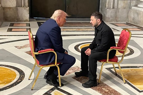 US President Donald Trump (left) and his Ukrainian counterpart Ukrainian President Volodymyr Zelenskyy discussed a minerals deal when they met at the Vatican on Saturday. Photo / AFP