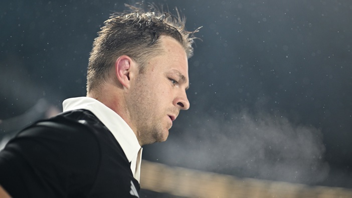 Sam Cane of New Zealand looks on during The Rugby Championship match between New Zealand All Blacks and Argentina at Eden Park on August 17, 2024 in Auckland, New Zealand. (Photo by Hannah Peters/Getty Images)