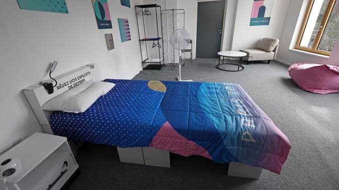 A cardboard bed in an athlete's room at the Olympic Village in Paris. Photo / VCG via Getty Images