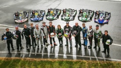 Father-daughter racing duo Tony and Nastacia Gaylard (left) stand with Duane and Leighton Todd, Steve and Jack Halpin, Sally and Jack Bridgman, Dave and Matt Goodgame, Nina and Ian Smith and Shaun and Ben Hibbs at the KartSport racetrack in Hastings. Photo / Paul Taylor