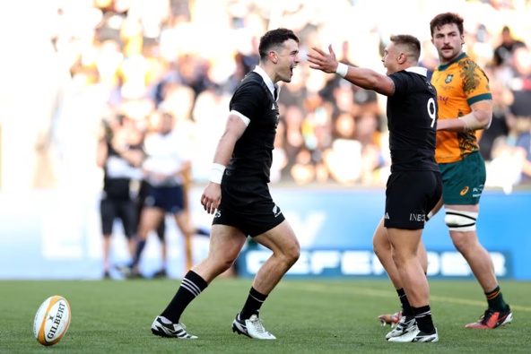 Will Jordan of the All Blacks celebrates after scoring a try during The Rugby Championship & Bledisloe Cup match against Wallabies in Sydney. Photo / Getty Images