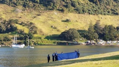 Police at the scene at Pilot Bay where a body has reportedly been found. (Photo / Emma Houpt)