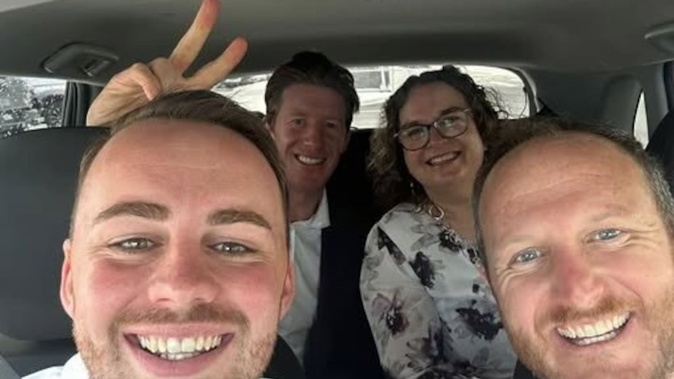 Bay of Plenty MP Tom Rutherford (left) and Tauranga MP Sam Uffindell, both of National, Labour list MP Jan Tinetti and Act List MP Cameron Luxton hit the road together. Photo / Facebook