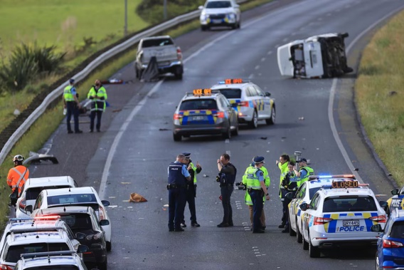 Traffic was backed up to Albany after Police closed the Northern Motorway south of Silverdale after a two-car crash. Photo / Hayden Woodward