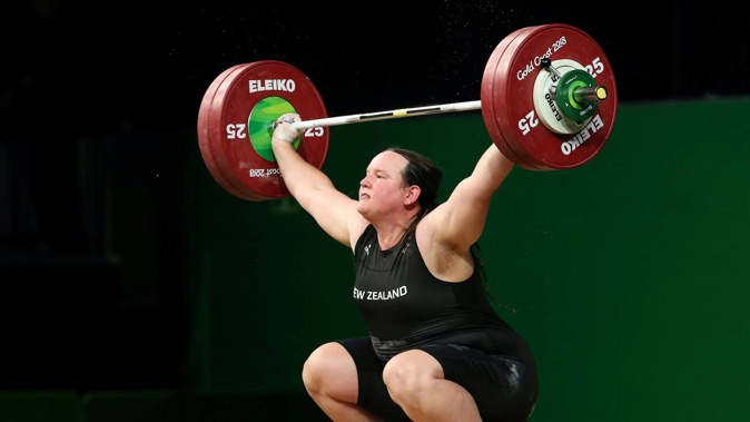 Laurel Hubbard lifts in the snatch of the women's +90kg weightlifting final at the 2018 Commonwealth Games. Photo / AP