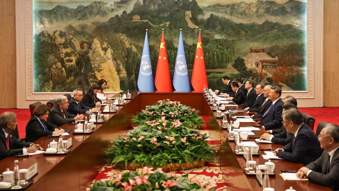 UN Secretary-General Antonio Guterres (third left) speaks during a bilateral meeting with China’s President Xi Jinping (fifth right) ahead of the Shanghai Co-operation Organisation (SCO) Summit in Tianjin. Photo / Andres Martinez Casares, AFP