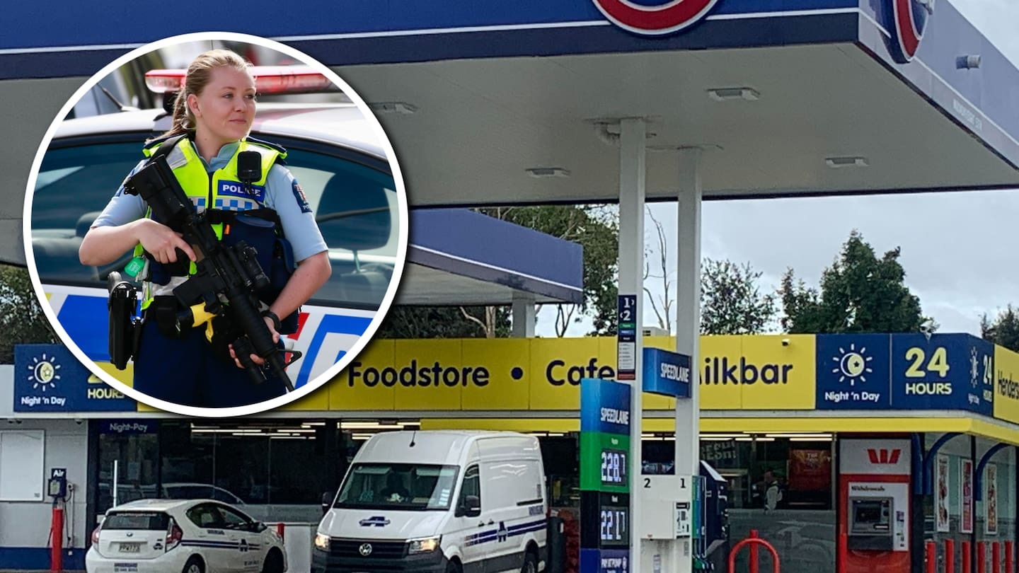 A man fired shots during an attempted robbery at the Henderson Valley Rd Gull service station. Two Armourguard vehicles can be seen parked in the forecourt.