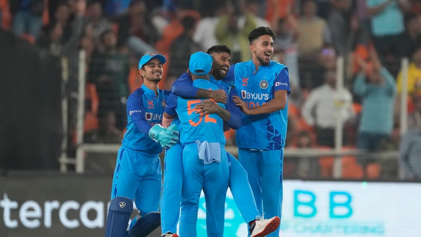 India's players celebrate wicket of New Zealand's Finn Allen during the third T20 international cricket match in Ahmedabad, India. Photo / AP