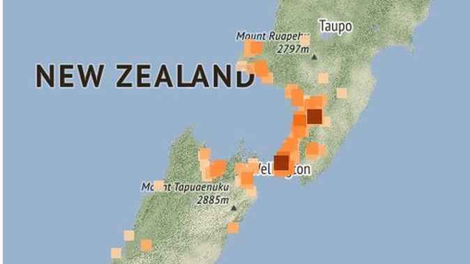 The GeoNet shake report map shows where people say they felt the earthquake. Image / GeoNet