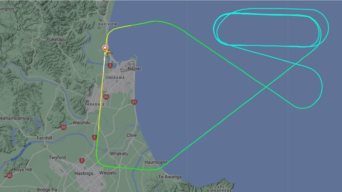 Flight NZ5771 from Napier to Christchurch circled multiple times off the coast before it was forced to turn back due to the discovery of a second engineering issue midair. Image / Flightradar24
