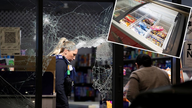 Police at the scene of a break-in at the Glendene Superette, meanwhile in St Heliers a takeaway was targeted (inset). (Photo / Hayden Woodward)