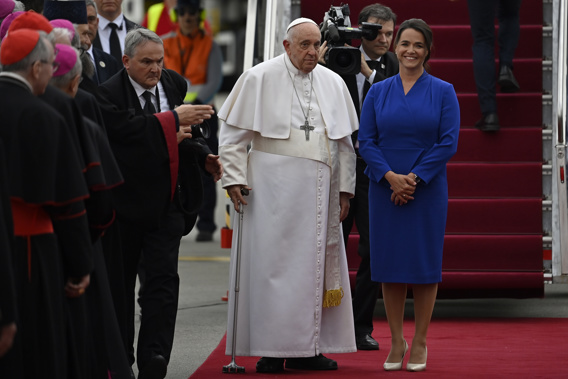 Pope Francis is greeted by Hungary President Katalin Novak during the farewell ceremony at the Budapest International Airport in Budapest, Hungary, Sunday, April 30, 2023. Photo / AP