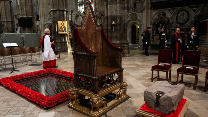 The Stone of Destiny is seen during a welcome ceremony ahead of the coronation of Britain's King Charles III, in Westminster Abbey. Photo / AP