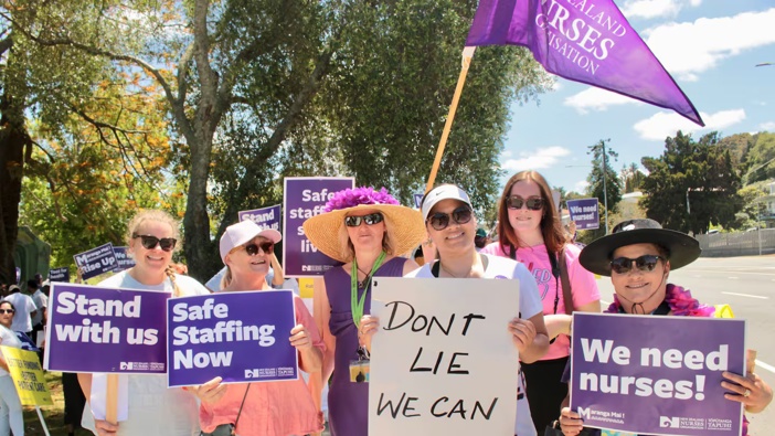 Whangārei Hospital nurse delegates Bridget Firth, Sacha Young, Lisa Tito, Chantelle Thompson, Kayla Crossley and Sylvia Dodd held a protest this month, worried Health NZ is not valuing nurses. Photo / Denise Piper