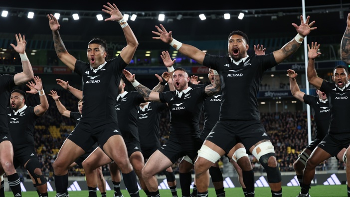 All Blacks perform the haka before the All Blacks v Argentina, Lipovitan-D Rugby Championship, Sky Stadium, Wellington, New Zealand. Photo: Pool / Photosport